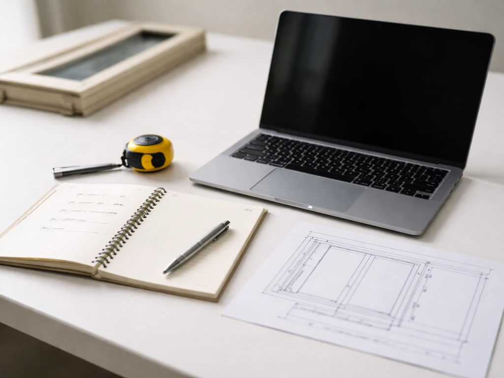 Minimal desk scene with notebook checklist and patio door spec sheet for verifying Andersen product support.