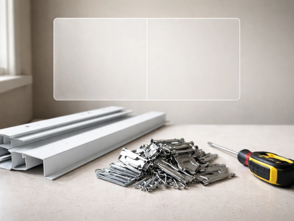 Patio door installation pieces and tools on a workbench with a blank frosted divider overlay.