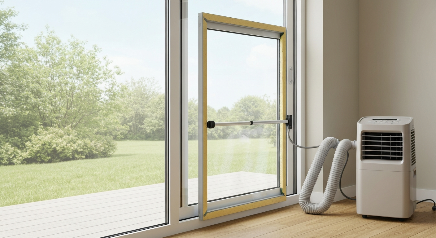Sliding patio door with adjustable panel insert and a dual-hose portable air conditioner connected; foam tape seals and a security bar are visible.