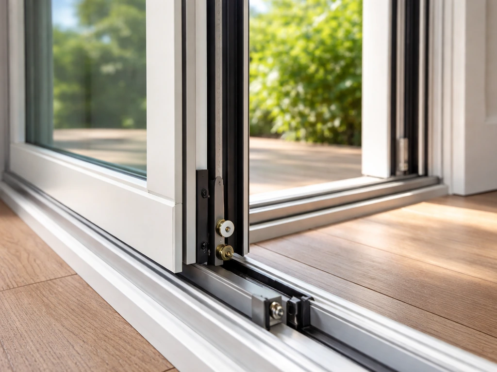 Close view of a modern sliding patio door track and glass panels in natural daylight.