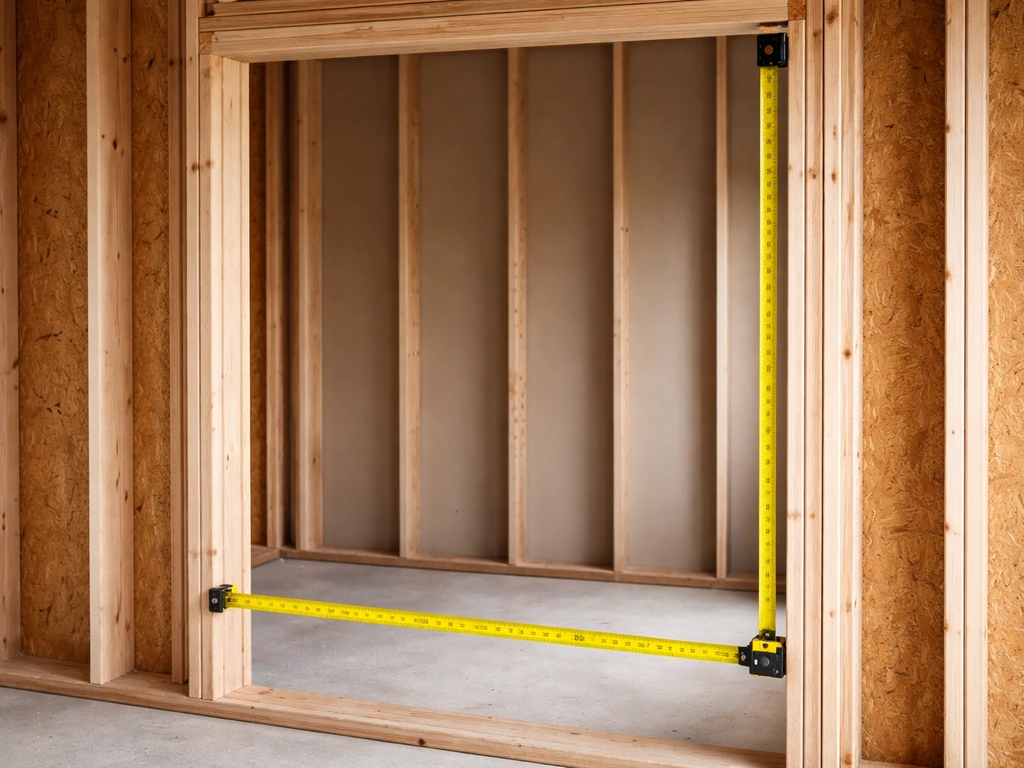 Tape measure laid across a framed wall opening for a sliding patio door, showing rough width and height.