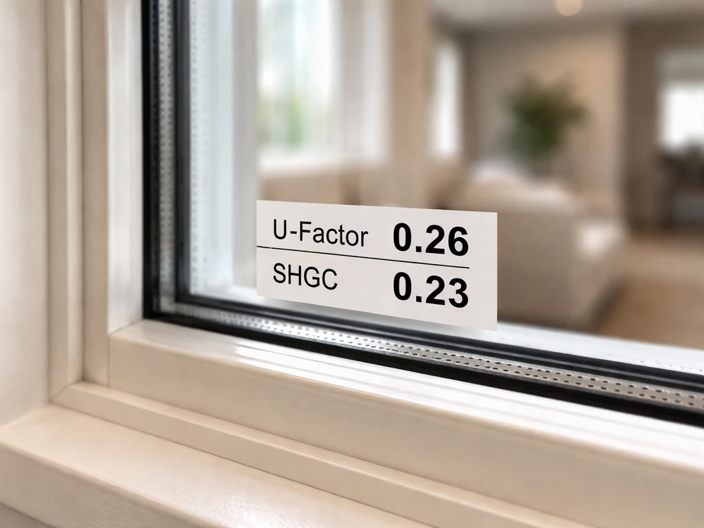 Close-up of an NFRC label on a glass unit showing U-factor and SHGC values.