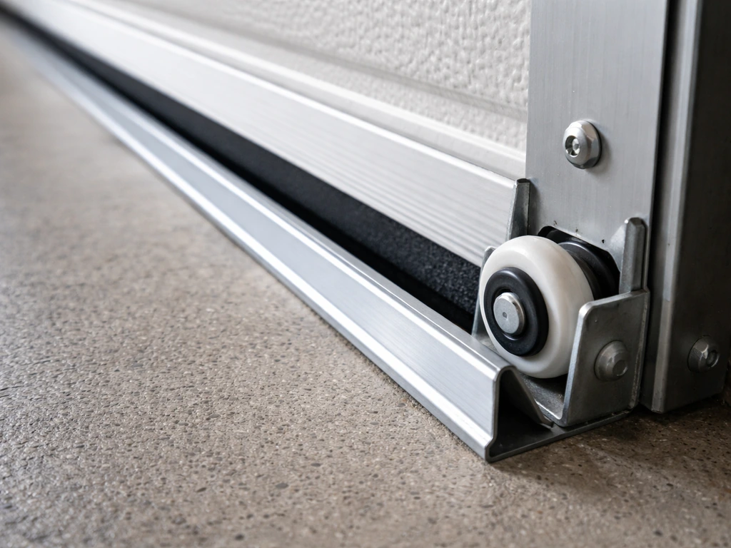 Close-up of a garage door’s bottom track and rollers with the door riding smoothly.
