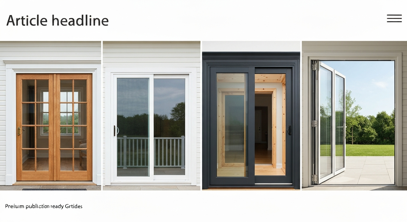 Montage of four patio door types—wood-composite sliding, white vinyl slider, dark fiberglass slider, and open aluminum folding door—shown in a bright residential setting.