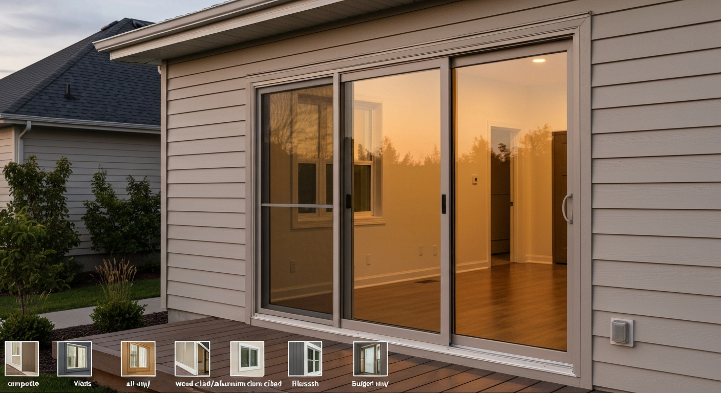 Exterior photo‑style hero image of a 3‑panel sliding patio door in a composite frame, one panel open to a small deck; inset thumbnails show five generic door material types.