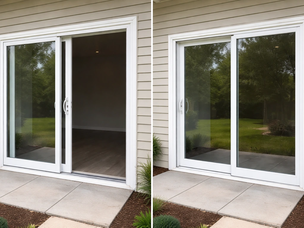 White vinyl sliding patio doors—open and closed views on a modern home facade, showing frame, glass, and track