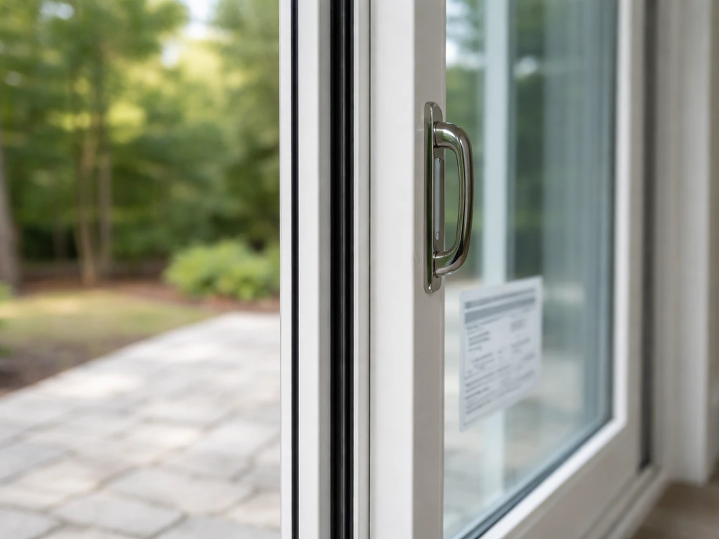 Minimal close-up of a vinyl patio door frame with an energy-rating label area blurred, outdoors natural light.