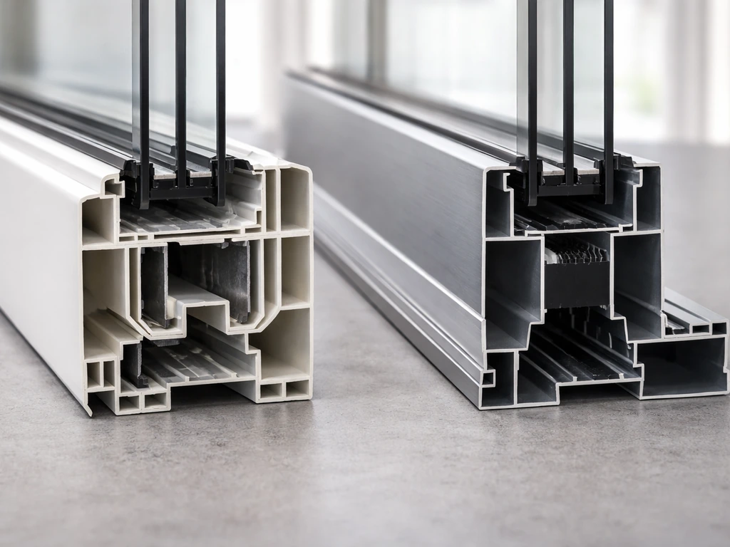 Minimal side-by-side cross-sections of vinyl vs aluminum patio door frames showing insulation chambers and thermal break