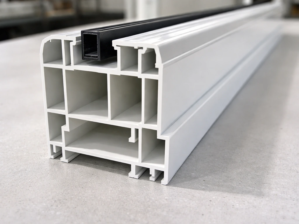 Close-up of a high-quality vinyl patio door PVC frame profile with multiple internal chambers