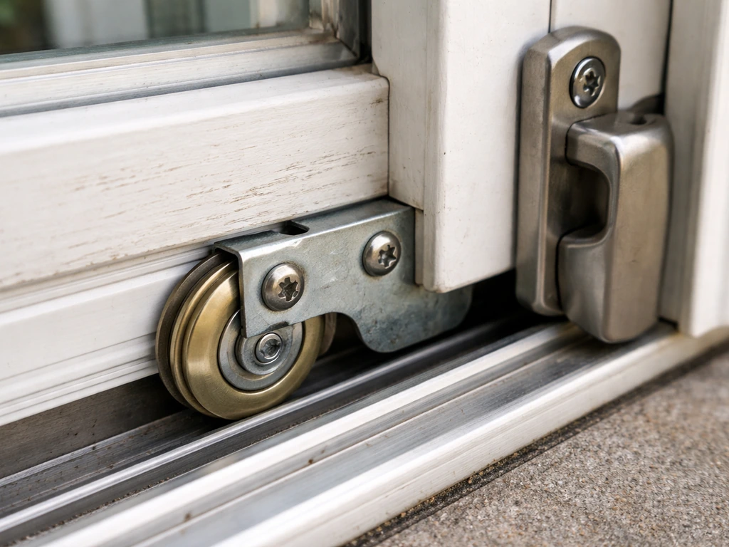 Close-up of stainless/brass ball-bearing roller and latch hardware on a vinyl sliding patio door track.