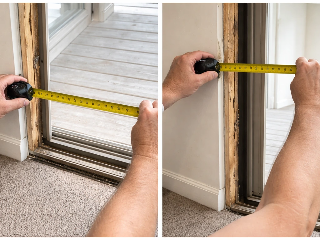 Tape measure held against a rough opening for a sliding patio door replacement, with an existing frame visible.