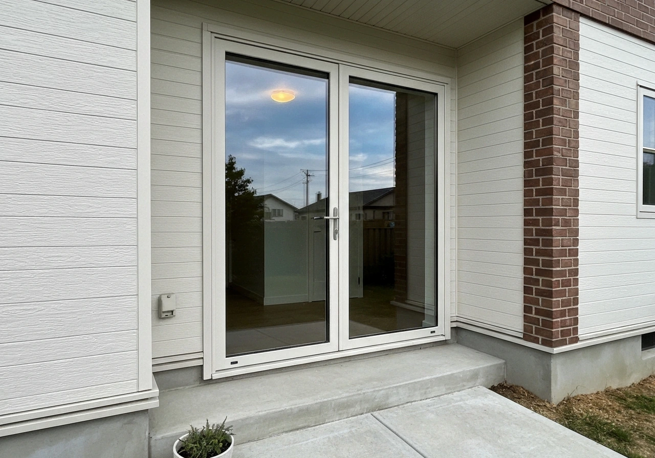 Modern home exterior with a newly installed patio door, emphasizing sleek frame and glass.