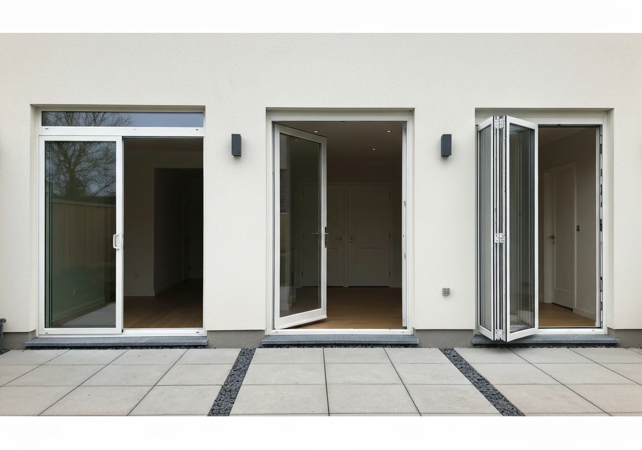 Side-by-side views of sliding, French, and bi-fold patio door openings on one home exterior.