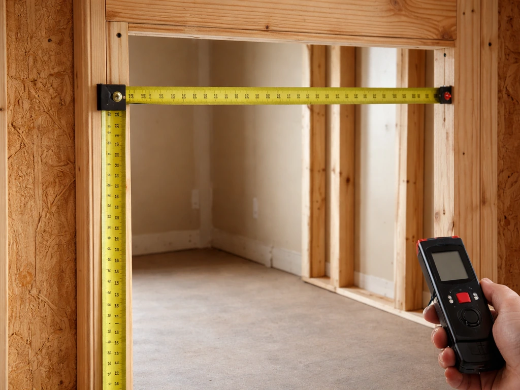 Close-up of a tape measure and laser measuring a rough doorway opening width and height.