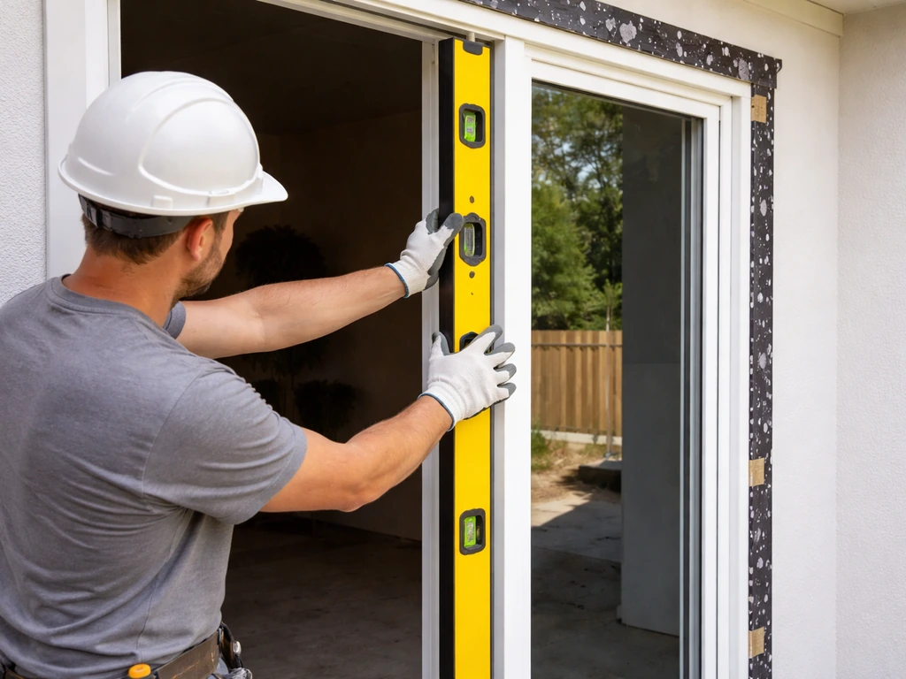 Contractor installing a patio door, adjusting shims and checking plumb with a level