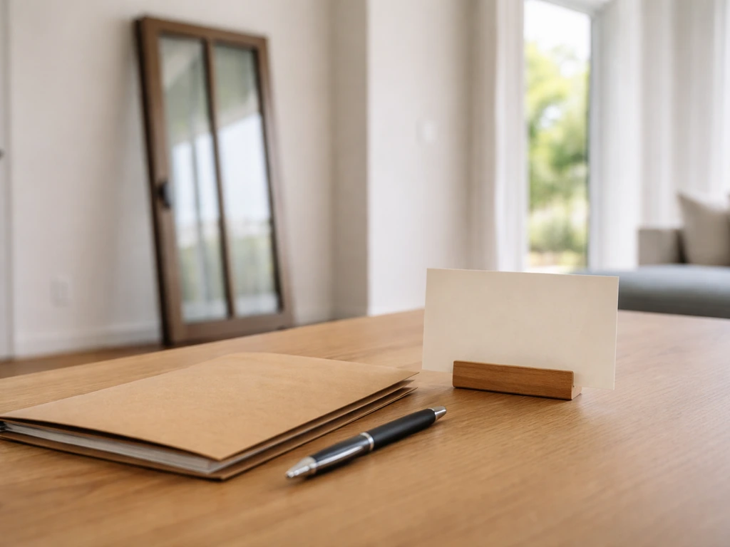 Minimal photo of a custom patio door showroom desk with paperwork folder and a simple delivery date card, no text