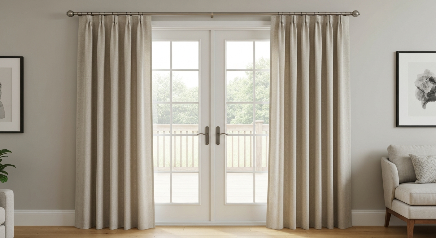 Bright living room with French patio doors dressed in light linen tab-top curtains on a brushed-nickel rod; tabs visible above the rod and panels hovering just above the floor.