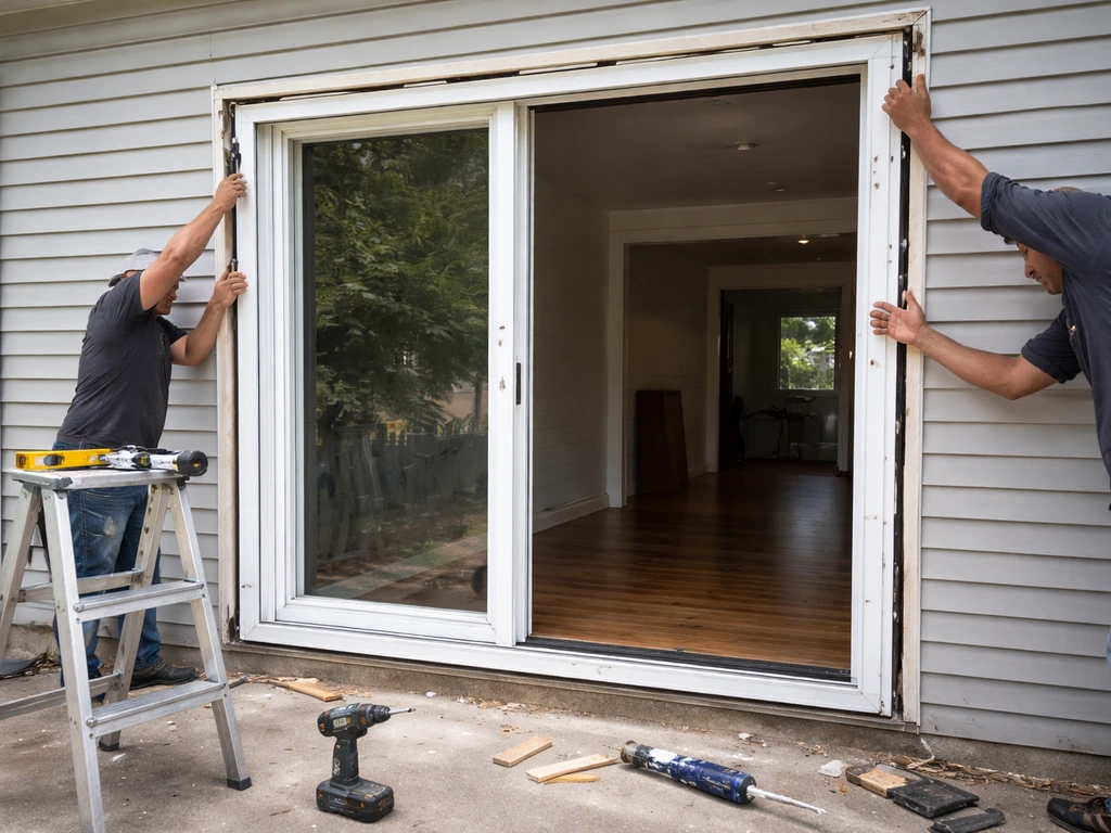 Contractors installing a new patio door in a home doorway with tools nearby in daylight.