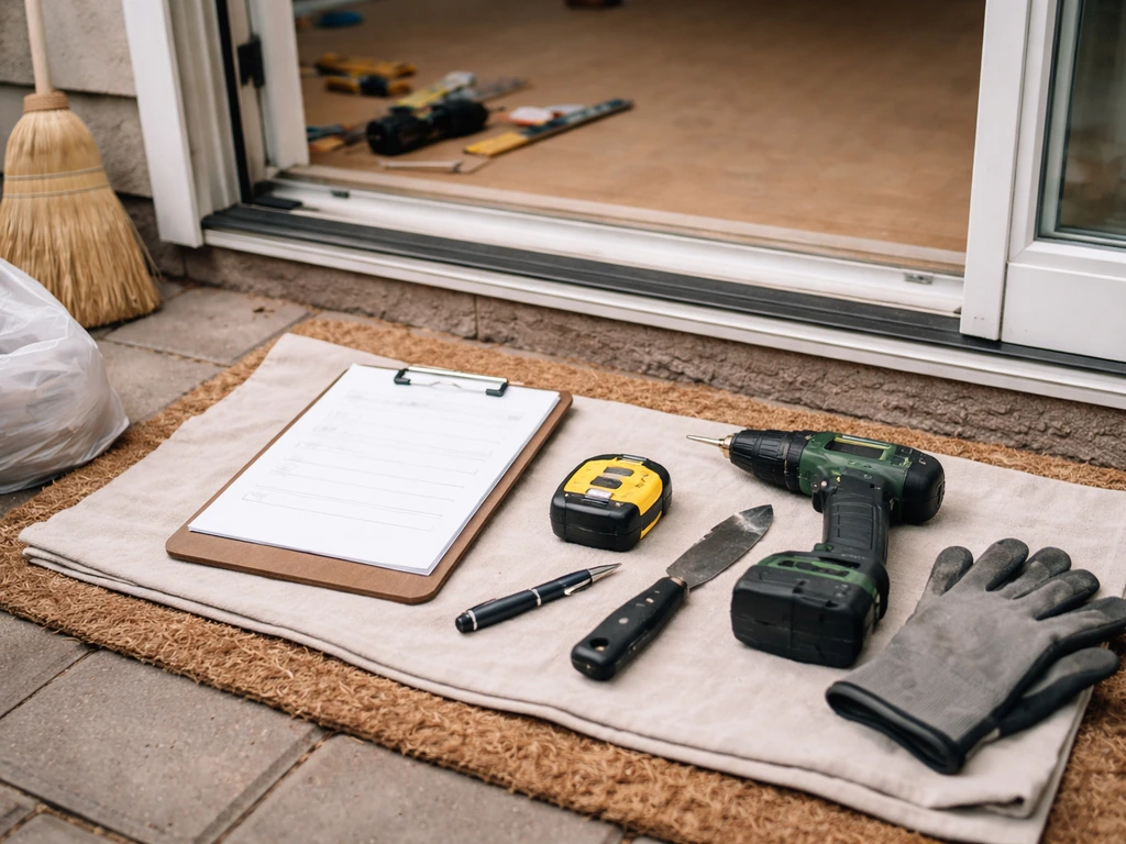 Work-area setup at a patio doorway with tools and a blank clipboard implying installation steps.