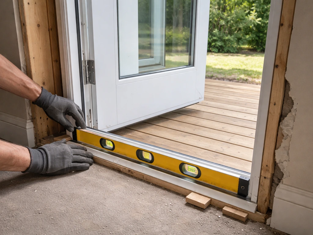 Gloved hands shim and level a new patio door in the rough opening during installation.
