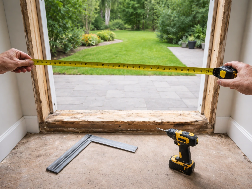 Contractor’s tools and measuring tape shown at a doorway opening for patio door sizing before install.