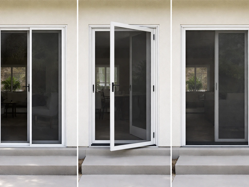 Three patio screen door types shown side-by-side on a home exterior: sliding, hinged, and retractable.