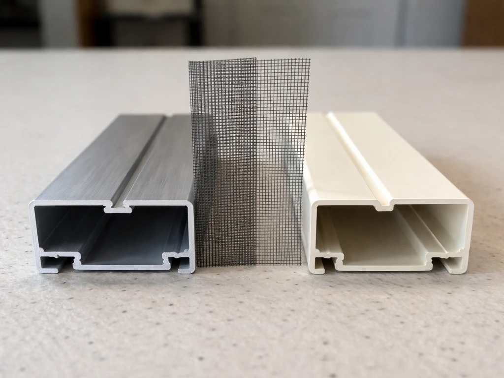 Close-up of aluminum and vinyl patio screen frame samples with visible fiberglass mesh texture.