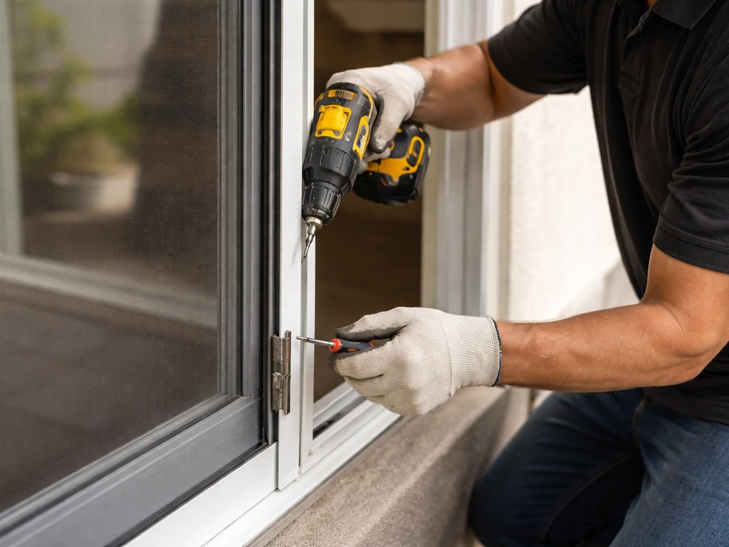 Technician mounting a sliding patio screen door in a home doorway using hand tools