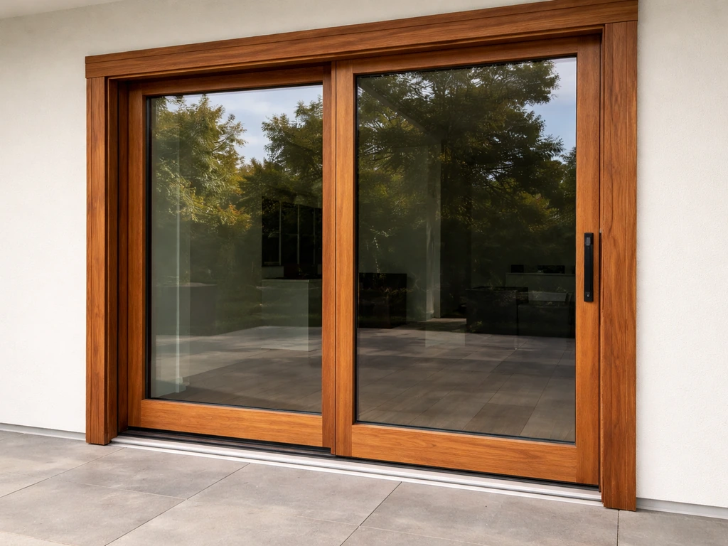 Premium wood sliding patio door in a modern outdoor setting, showing wood grain and track/threshold detail.