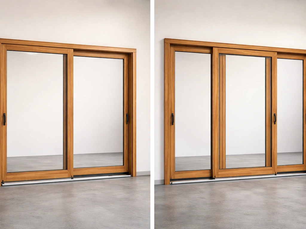 Close-up of two wooden sliding patio door setups showing which panels slide versus stay fixed.