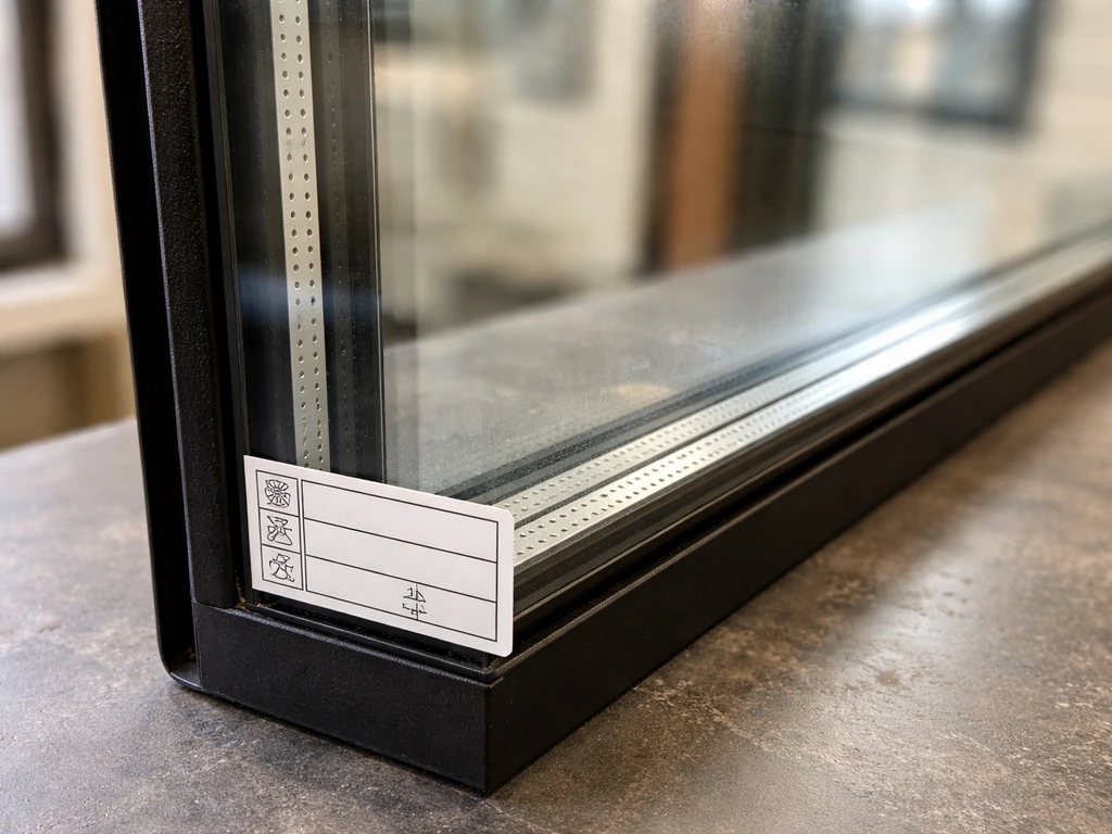 Close-up of an insulated glass unit edge with a clear label example showing energy-performance info style