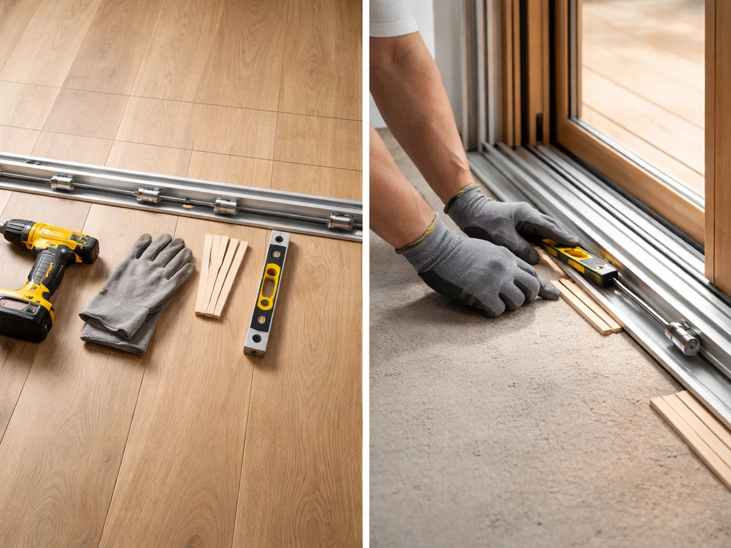 Overhead DIY tools on one side and an installer shimming a patio door track on the other.