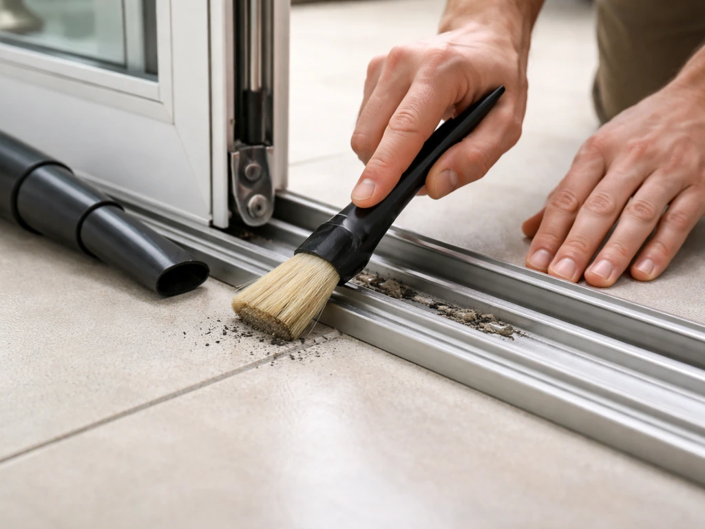 Close-up of hands cleaning a sliding door bottom track with a vacuum and soft brush, debris removed.