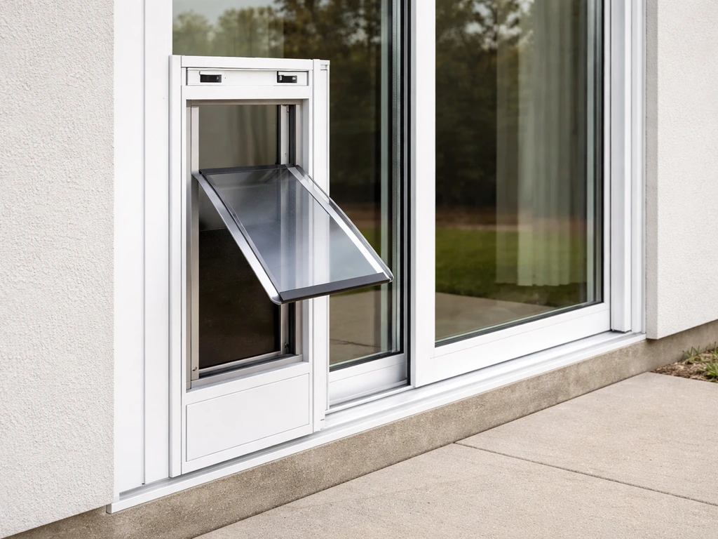 Patio sliding glass door with an installed pet dog door insert and the flap open outward.