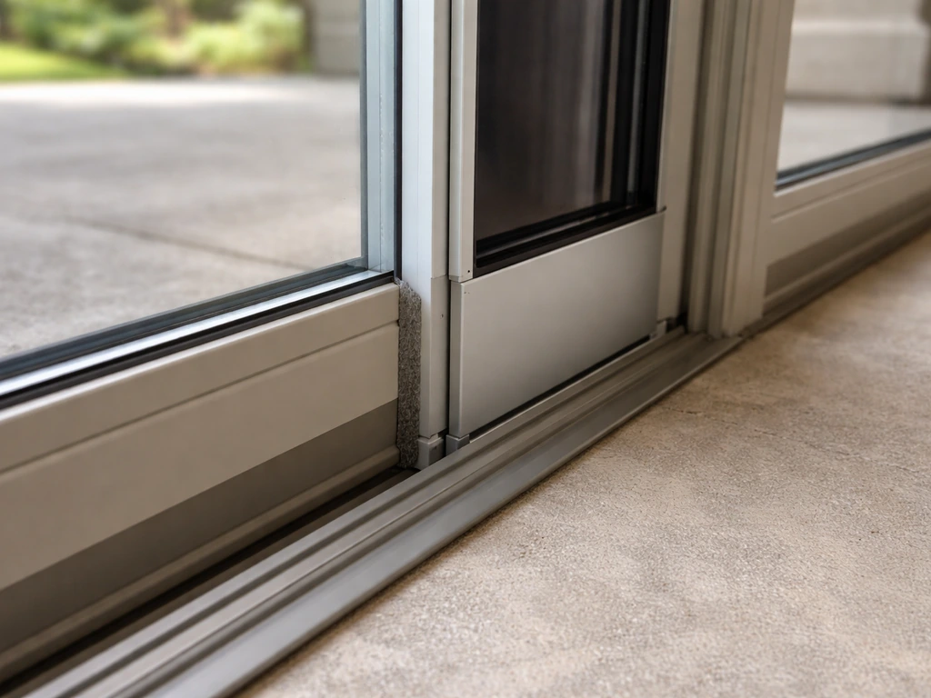 Close-up of a sliding patio door track with an aligned aluminum pet door panel insert replacing the stationary panel.
