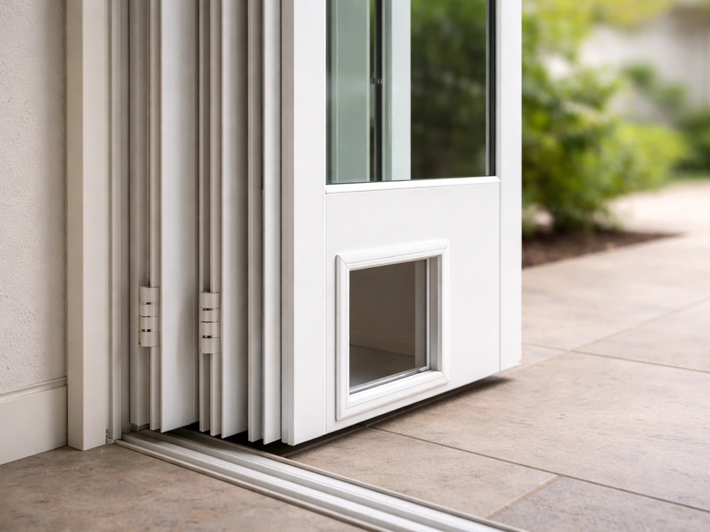 Bifold patio doors folded and stacked, with a pet-door cutout on a panel that gets blocked when opened.