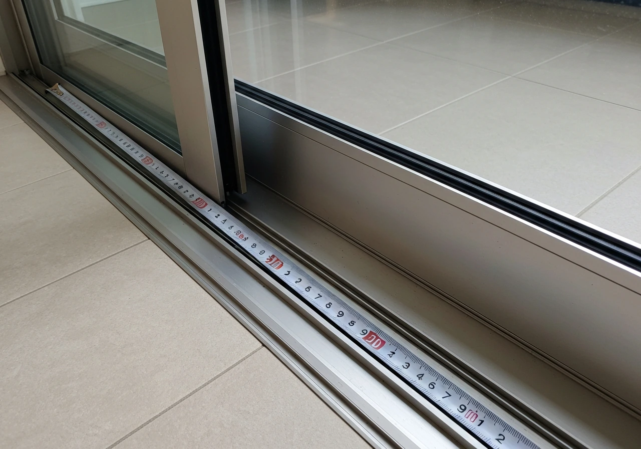 Tape measure aligned vertically on a sliding patio door frame to measure door opening height.