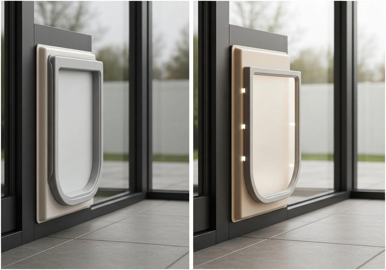 Side-by-side view of thick sealed pet door flap versus thin flap with visible gaps.