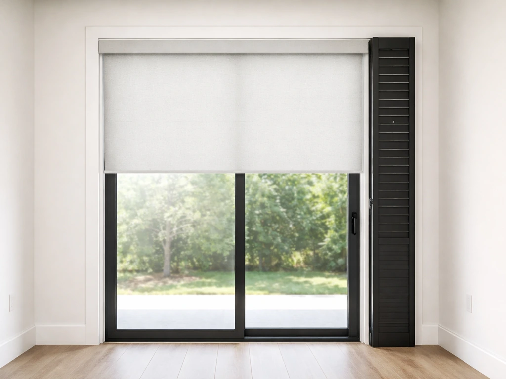 Modern patio doors with a roller shade and clean track, privacy-focused curtain-free styling in bright daylight.