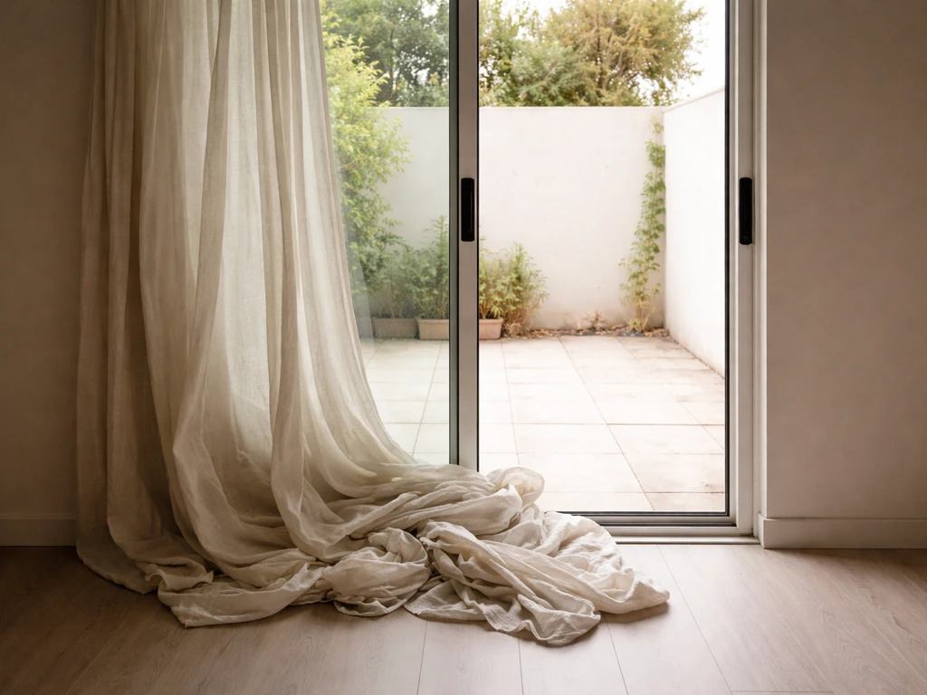 Sliding patio door with floor-length fabric bunched near the track and handle, showing interference.