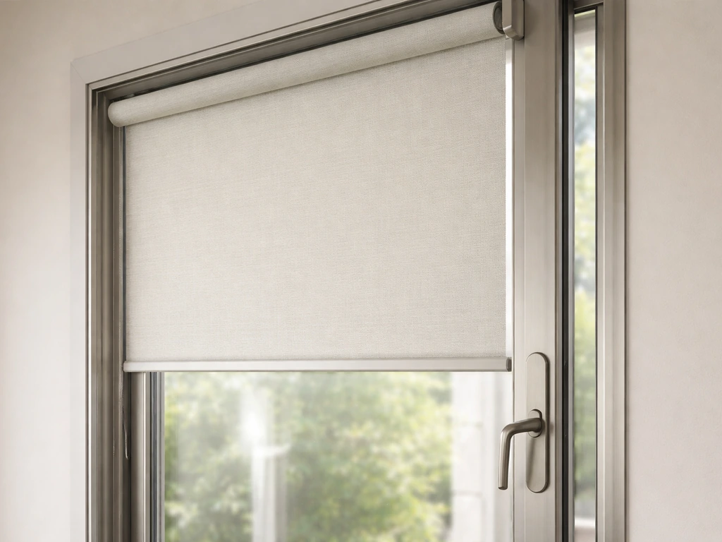 Close-up of a sliding patio door covered by a cordless roller shade, door handle unobstructed.