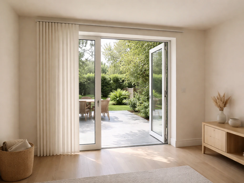 Wide shot of a sliding door opening covered by vertical blinds stacked to one side