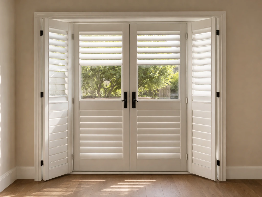 Patio door with plantation shutters, louvers partially open for privacy and adjustable daylight control.