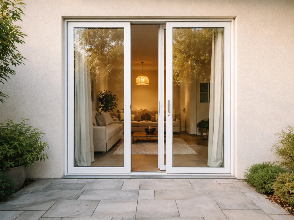 Modern patio door partially open connecting a cozy living room to a stone-paved outdoor patio.