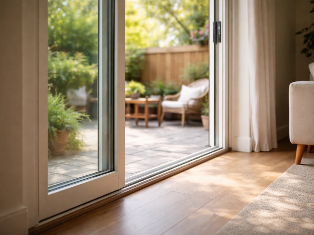 Open sliding patio door connecting a bright living room to a backyard patio, showing the track clearly.