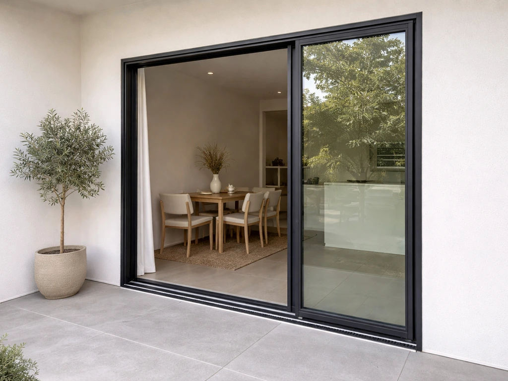 Sliding patio door with one panel fixed and the other gliding along the track open