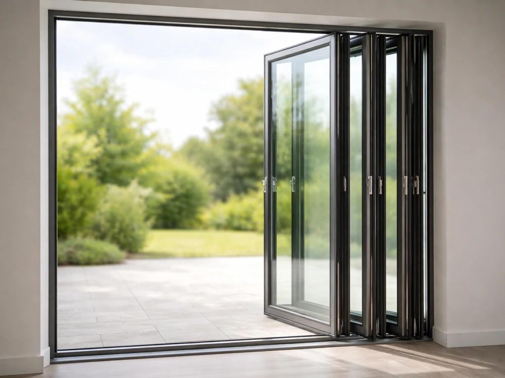 Opened bifold patio doors with multiple glass panels folded and stacked along the side track.