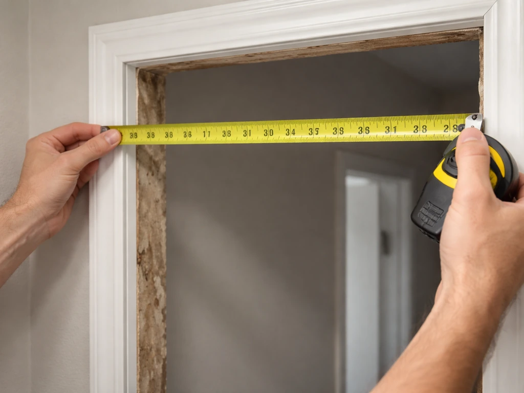 Person measuring a door rough opening with a tape measure at a doorway with close-up focus.