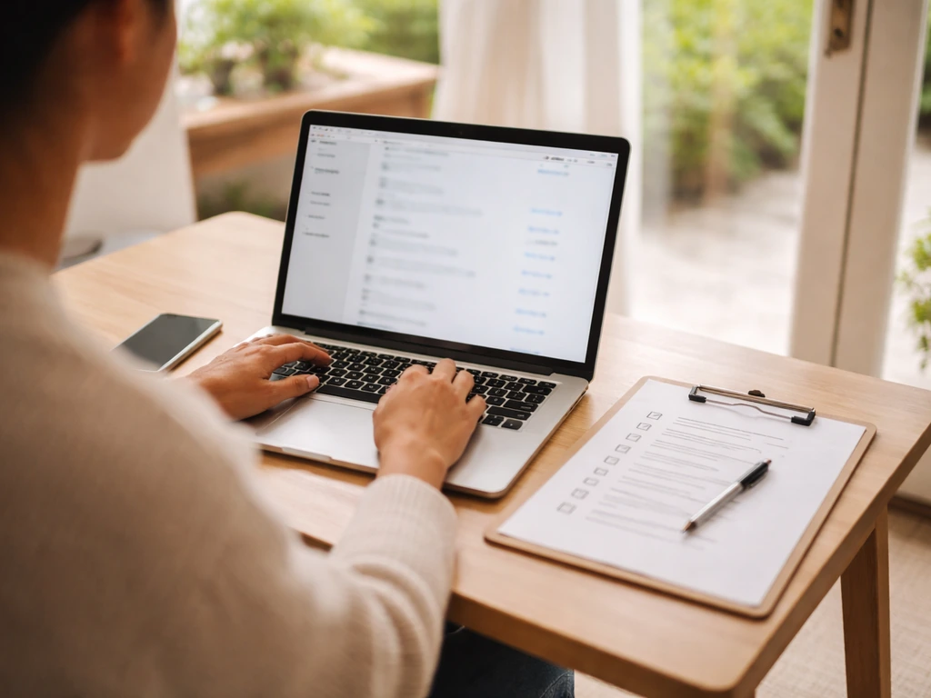 Person at a patio home entrance checks patio door installer details on a laptop and checklist