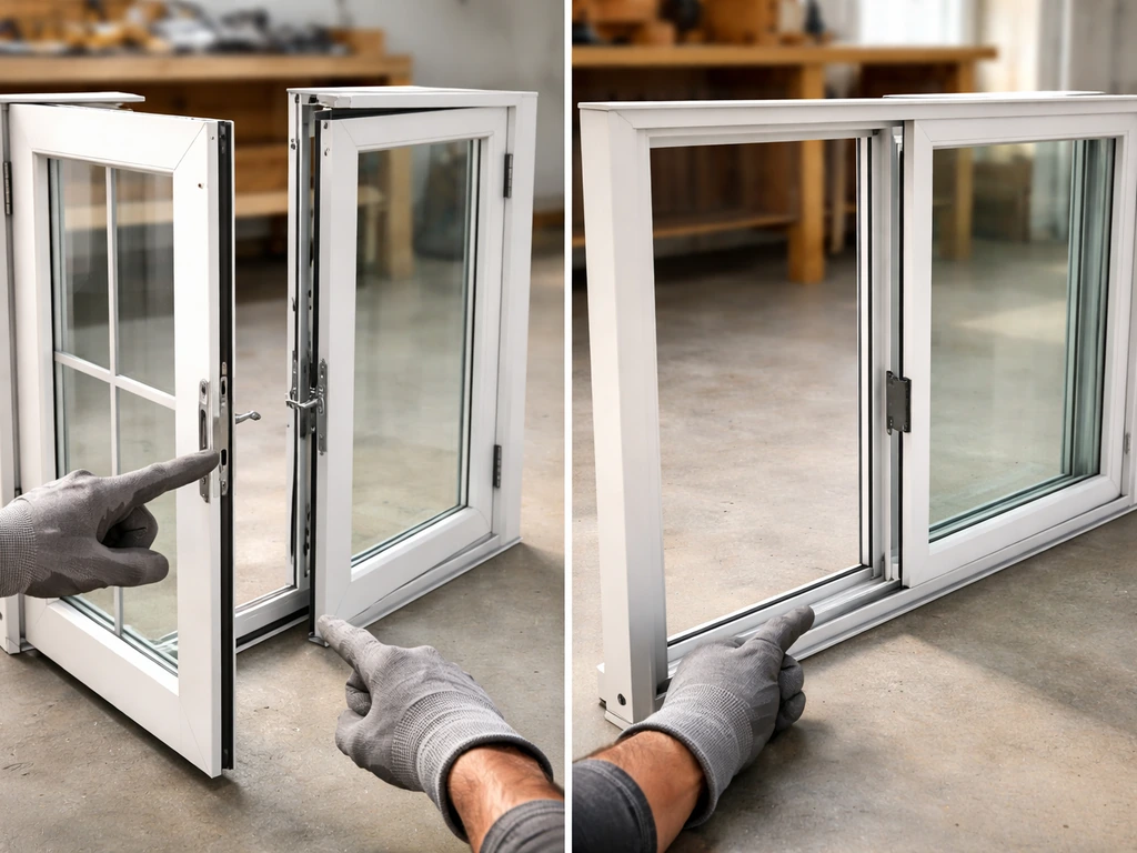 Gloved hands compare a French patio door and a sliding patio door unit side by side in a workshop.